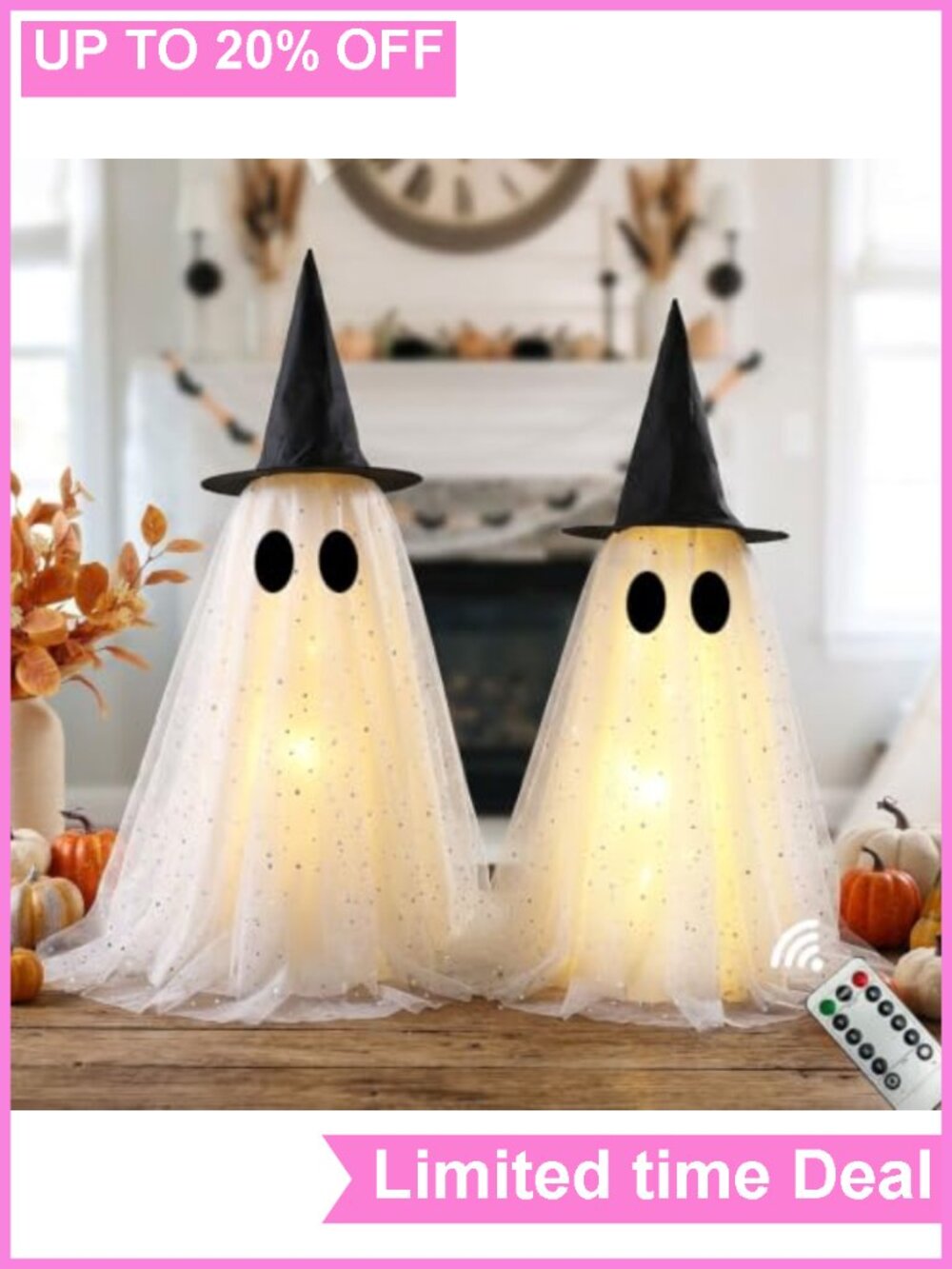 Lighted Halloween Ghost Decor Set Sequined Tulle Tabletop Indoor